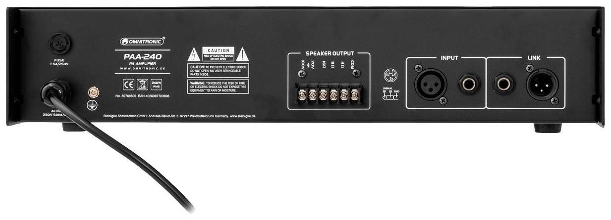 Tylna strona wzmacniacza z przewodem zasilającym po lewej stronie, złączami głośnikowymi i wejściami audio po prawej stronie, widoczne złącza XLR i złącza Link.