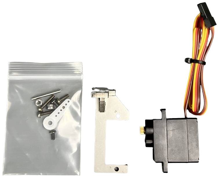 Zestaw serwomotoru z uchwytem, śrubami i przewodami, gotowy do montażu. Idealny do projektów modelarskich lub robotyki.