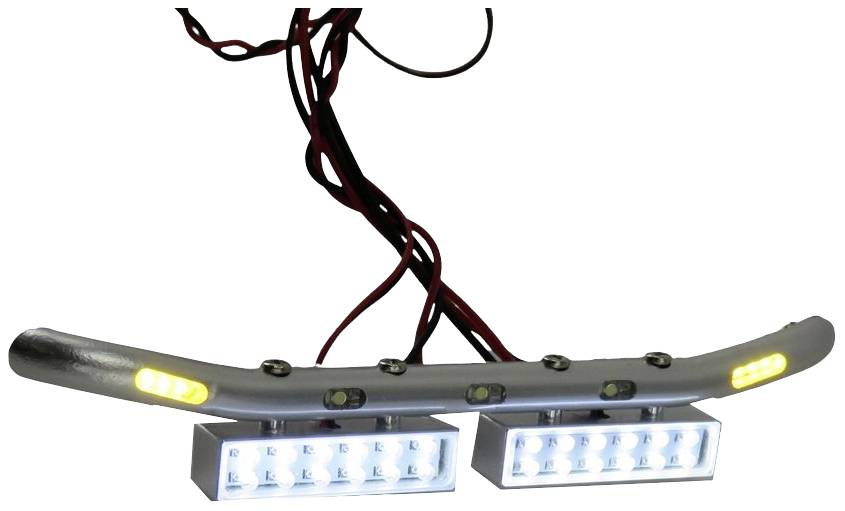 Listwa LED z dwoma prostokątnymi modułami świetlnymi u dołu i kilkoma małymi światłami na górze, połączona czerwonymi przewodami.