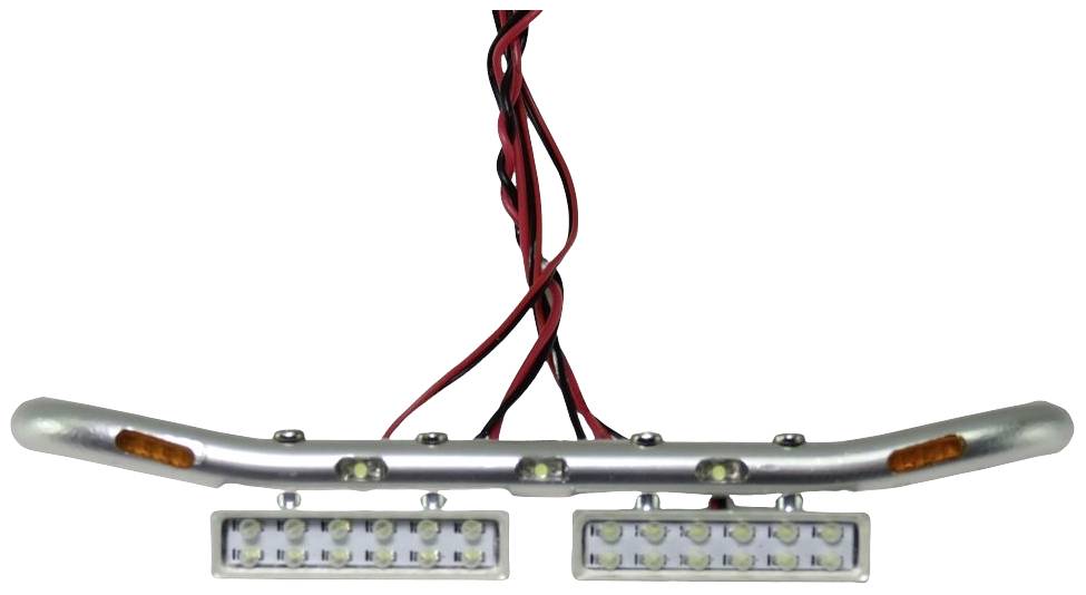 Srebrzysta listwa LED z dwoma prostokątnymi lampami i czerwonymi przewodami, służąca do oświetlenia, często montowana w pojazdach.