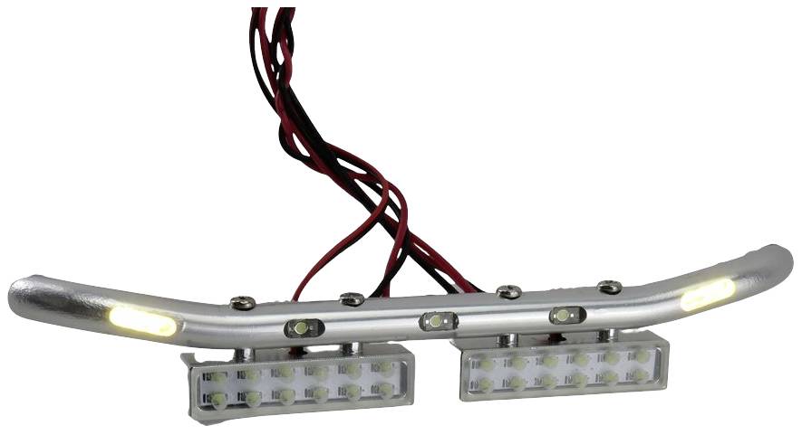 System oświetleniowy LED z przewodami, składający się z dwóch prostokątnych opraw świetlnych i zakrzywionej belki poprzecznej z lampami na jej końcach.