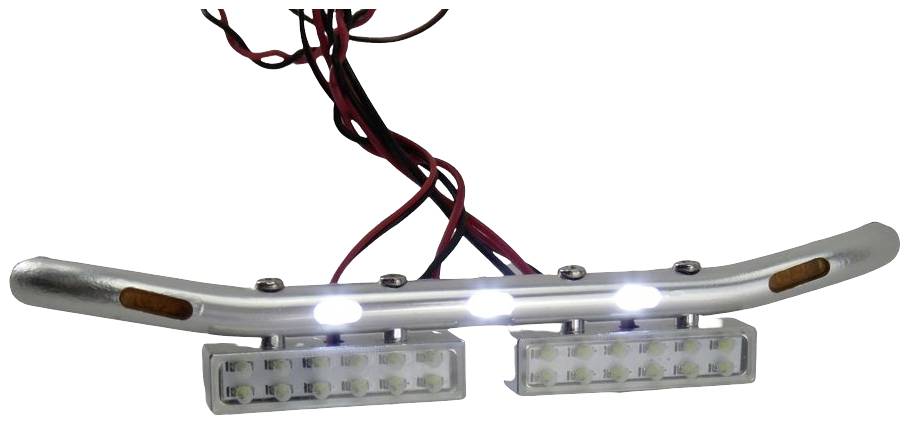 Listwa LED z przewodami do zamontowania na pojeździe zdalnie sterowanym. Listwa składa się z dwóch prostokątnych modułów LED zawierających kilka diod świecących.