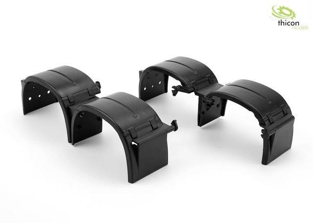 Cztery czarne błotniki do modeli pojazdów leżą na białym tle. W prawym górnym rogu znajduje się logo Thicon-Models.