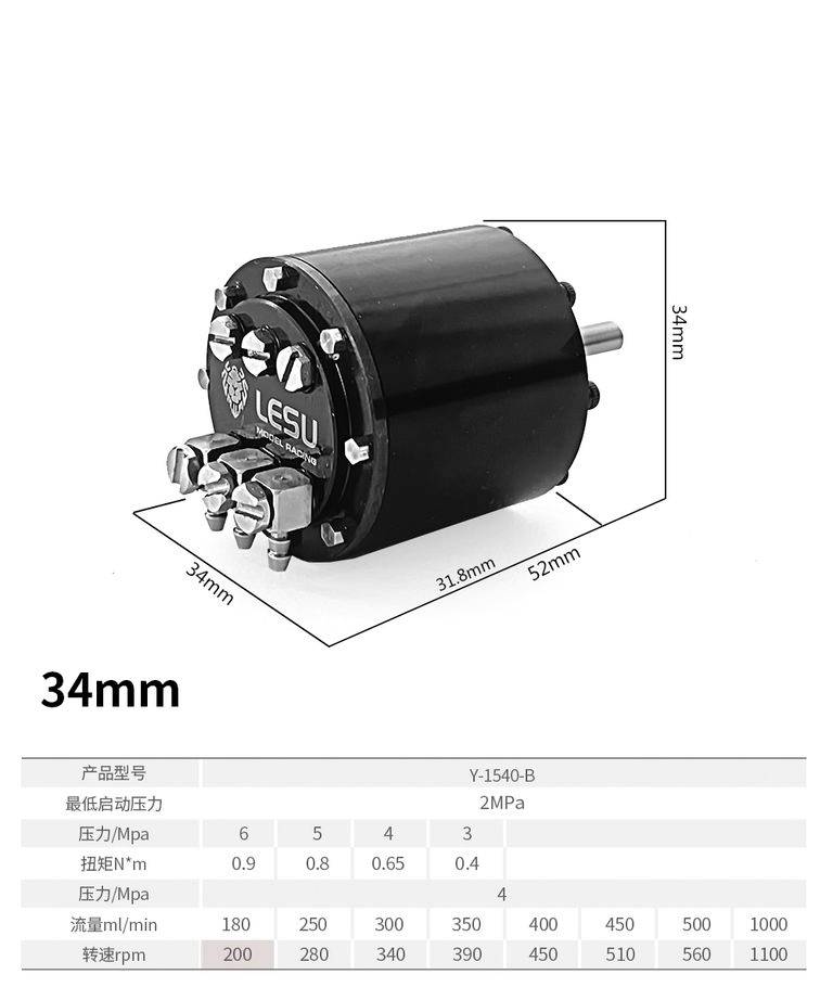 Silnik hydrauliczny o wymiarach: średnica 34 mm, długość 52 mm. Tabela przedstawia dane wydajnościowe: ciśnienie w MPa, moment obrotowy w N·m, prędkość obrotowa w obr./min.