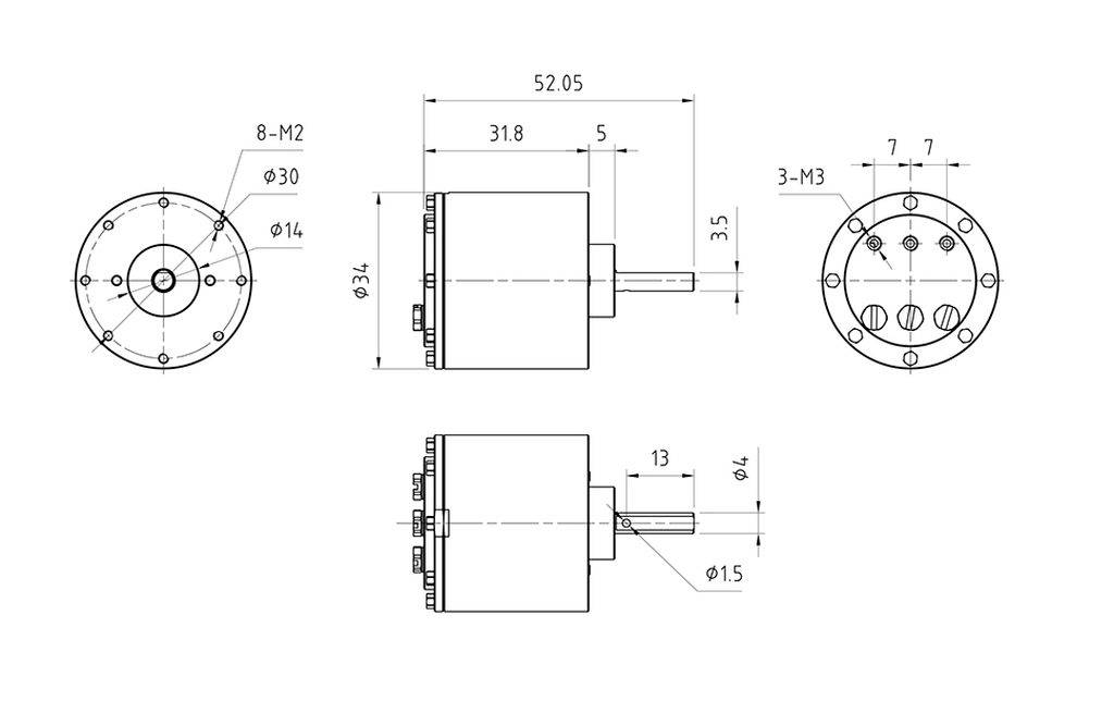 Rysunek techniczny silnika elektrycznego z wymiarami. Przedstawia widok z przodu, z boku i z tyłu wraz ze szczegółowymi wymiarami i pozycjami śrub.