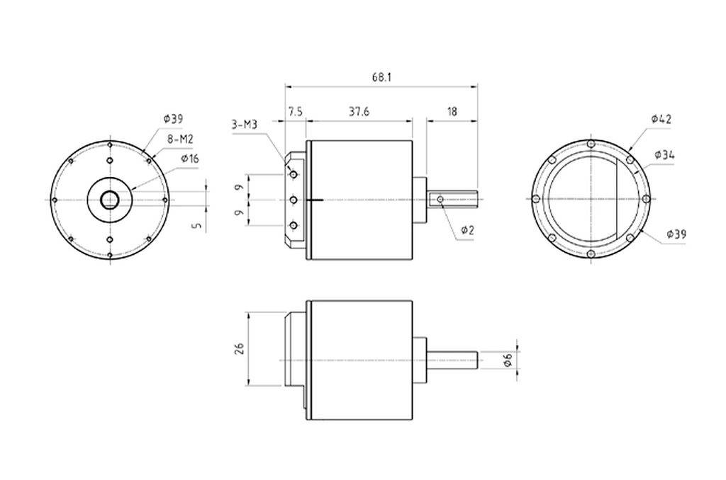 Rysunek techniczny silnika z wymiarami. Przedstawia widok z przodu i z boku. Zawiera szczegóły dotyczące otworów i mocowań.