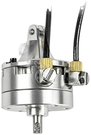 Srebrzysto-srebrny silnik elektryczny z kablami i elementami mocującymi, odpowiedni do modelarstwa lub zastosowań w małych urządzeniach.