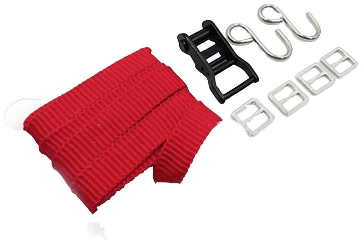 Czerwony pas z czarną klamrą, trzema srebrnymi hakami i trzema klamrami, służy do mocowania lub zabezpieczania.
