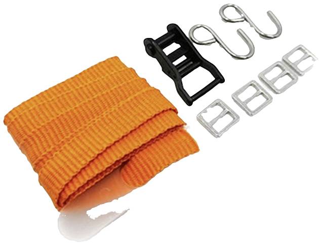 Pomarańczowy pas transportowy z dwoma hakami metalowymi, czarną klamrą i trzema metalowymi pętlami, zazwyczaj używany do mocowania.