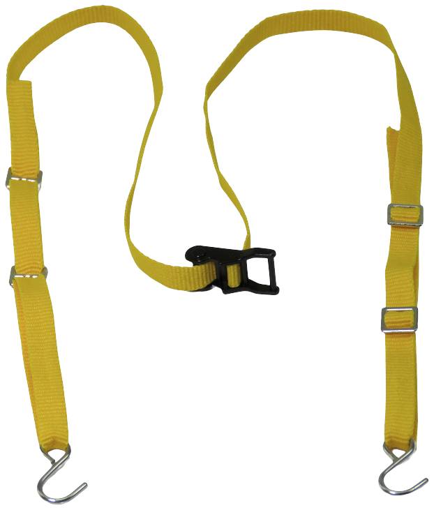 Żółty pas mocujący z hakami na obu końcach i regulowaną klamrą pośrodku. Odpowiedni do zabezpieczania ładunku.