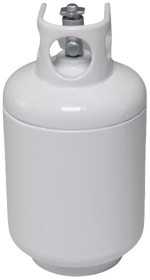 Biała butla gazowa z zamkniętym zaworem, stojąca pionowo.