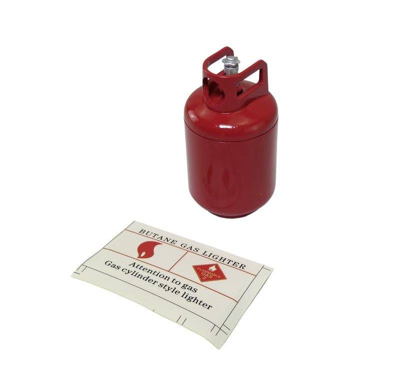 Czerwony pojemnik z gazem butanowym do zapalniczek obok instrukcji obsługi z ostrzeżeniem dotyczącym użycia gazu.