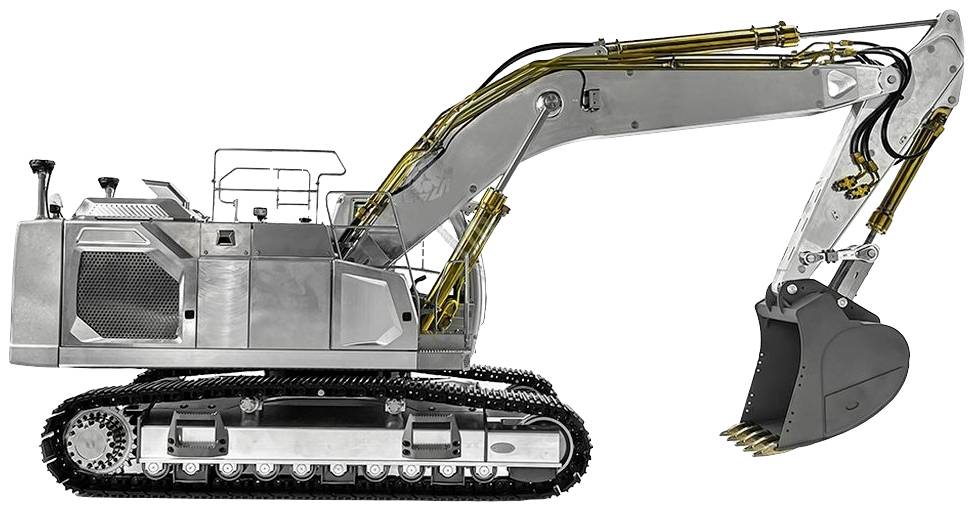 Srebrny koparka gąsienicowy, widok z boku. Wysięgnik jest wyciągnięty do przodu, a łyżka skierowana jest w dół.