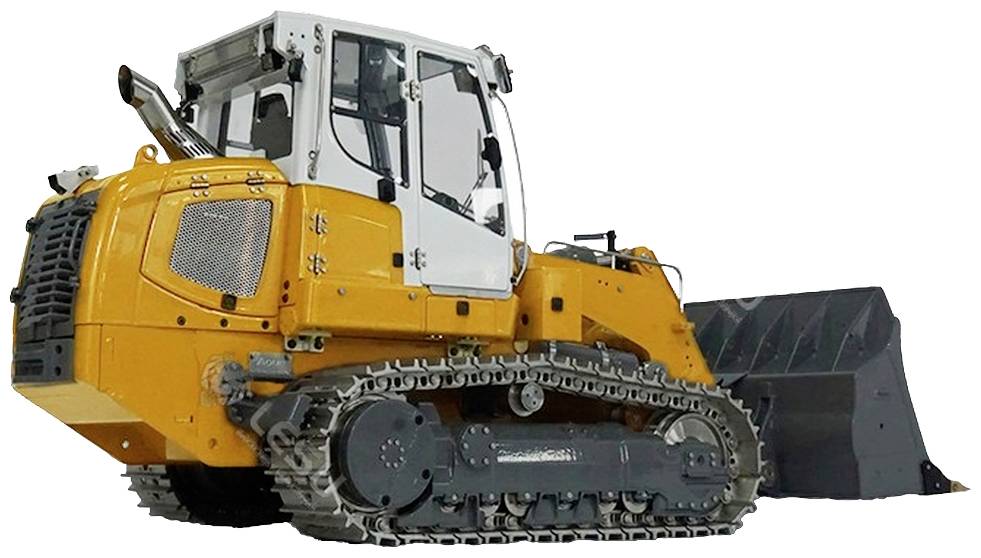 Żółty buldożer z dużą łyżką i napędem gąsienicowym stoi na białym tle.