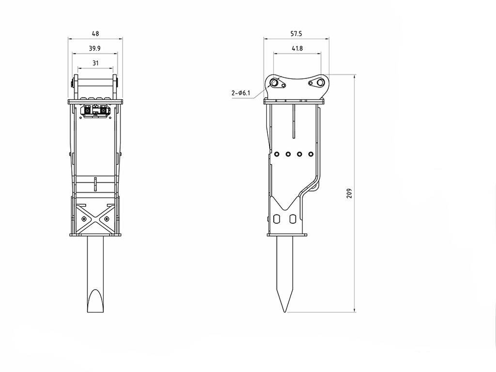 Rysunek techniczny hydraulicznego młota z wymiarami: wysokość całkowita 250, szerokość górna 57,5, szerokość dolna 39,9, czubek 31.