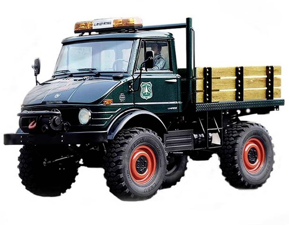 Zielony Unimog z dużymi oponami terenowymi i drewnianą rampą załadowczą, należący do amerykańskiej służby leśnej.