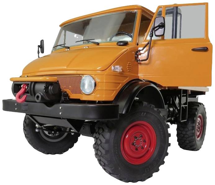 Pomarańczowy samochód terenowy Unimog z otwartymi drzwiami kierowcy. Duże opony i solidna konstrukekcja do jazdy w trudnym terenie.