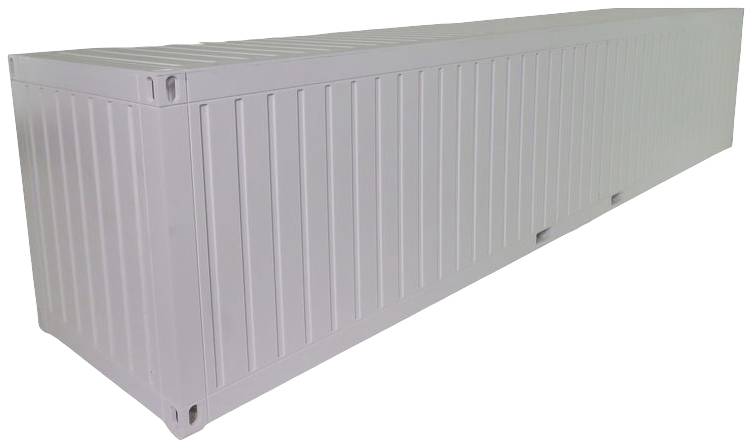 Długi, zamknięty kontener metalowy z poziomymi żłobieniami, stosowany zazwyczaj do transportu towarów.