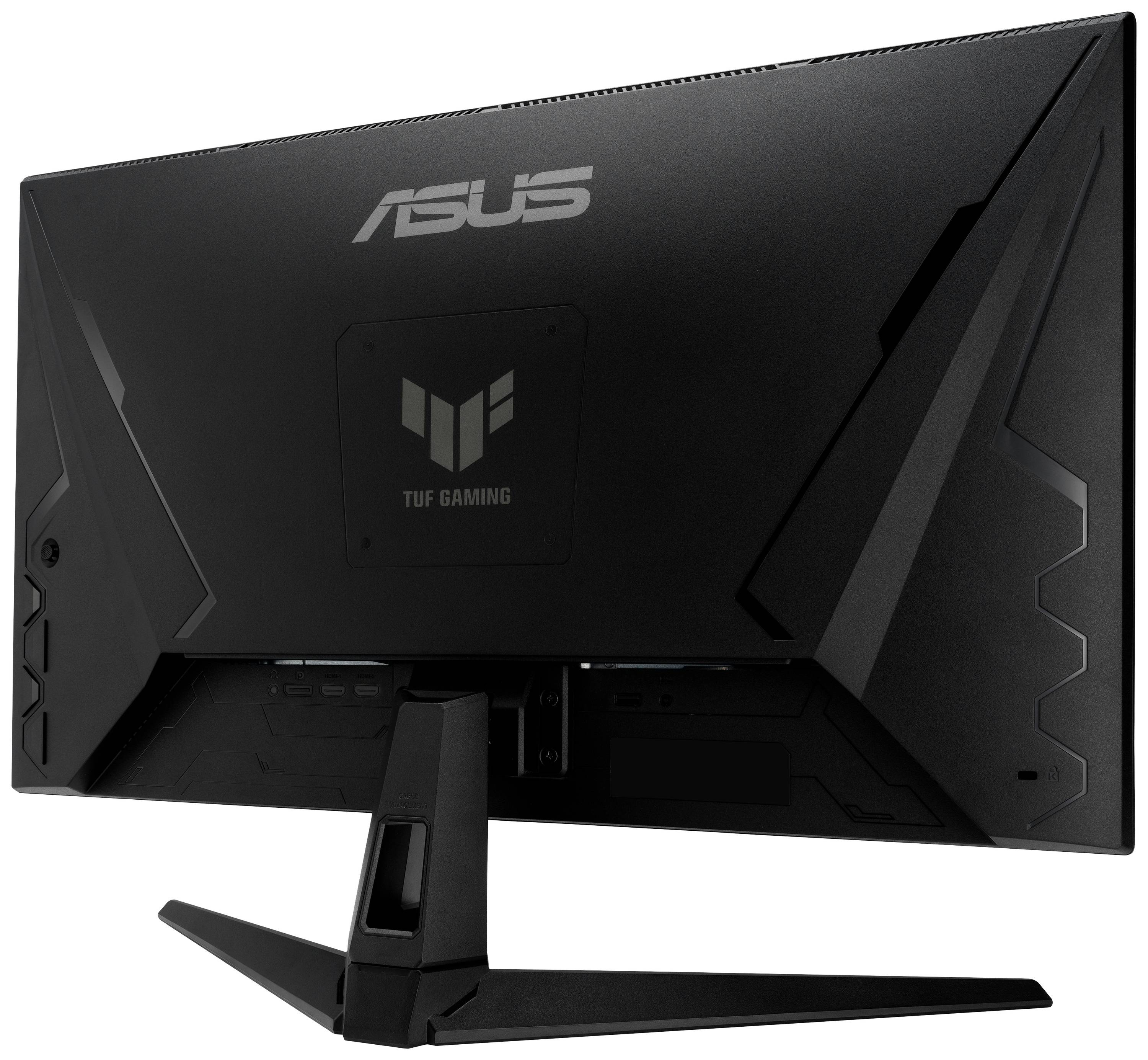 Widok z tyłu czarnego monitora gamingowego Asus TUF o stylowym designie z wyrazistymi logami na tylnej części obudowy.