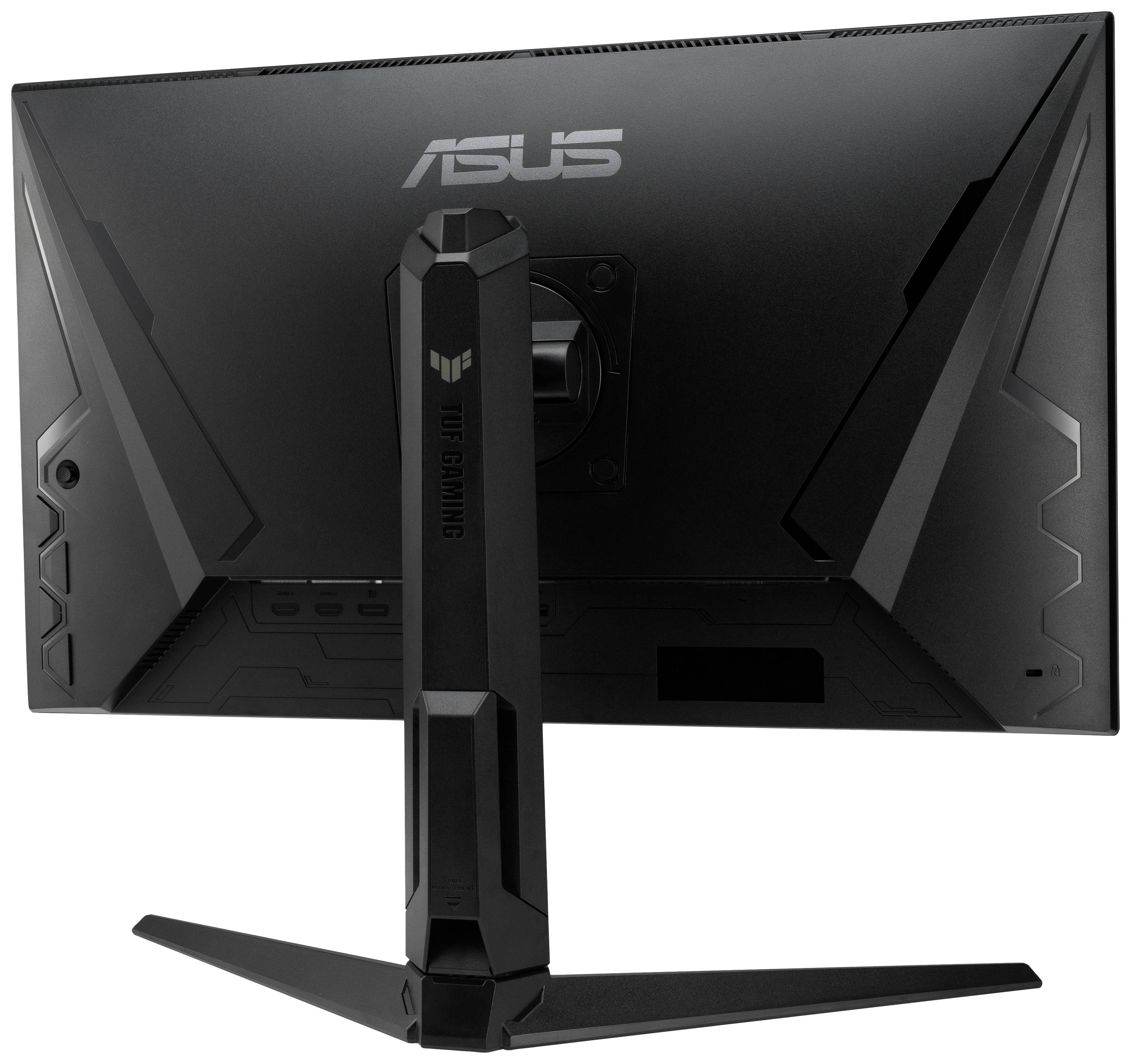 Czarny monitor komputerowy marki Asus, model TUF Gaming, widziany od tyłu, spoczywa na stabilnej, geometrycznej podstawce.