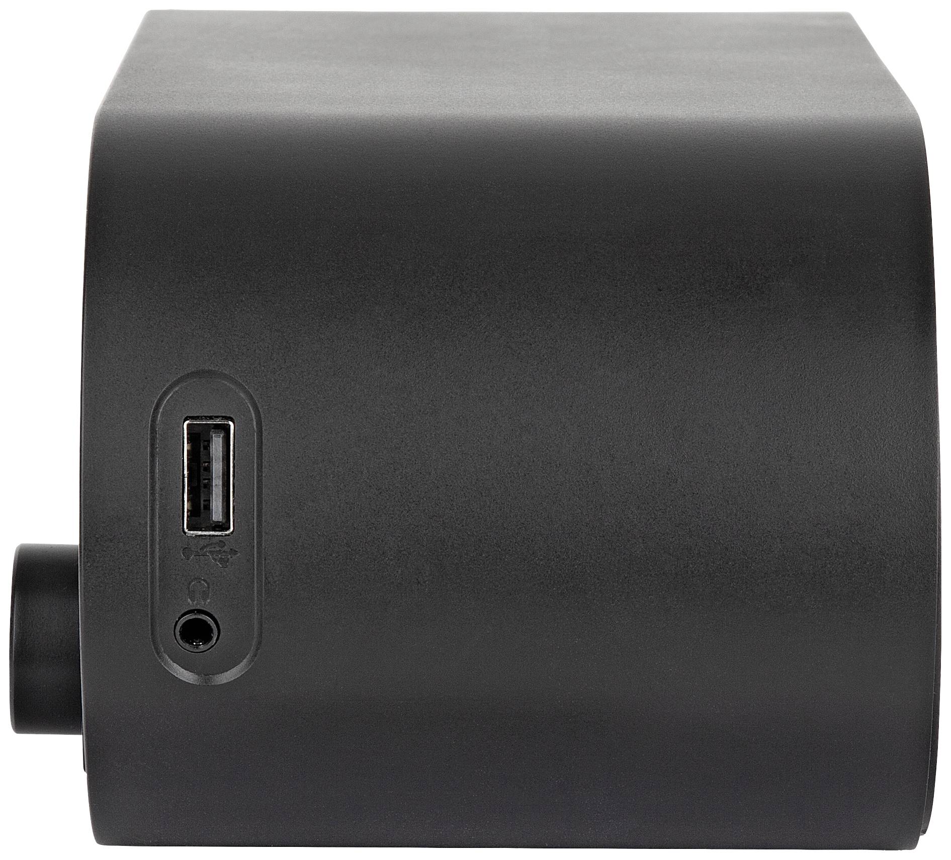 Czarny, prostokątny przyrząd z gniazdem USB i wtykiem audio na bocznej ściance.