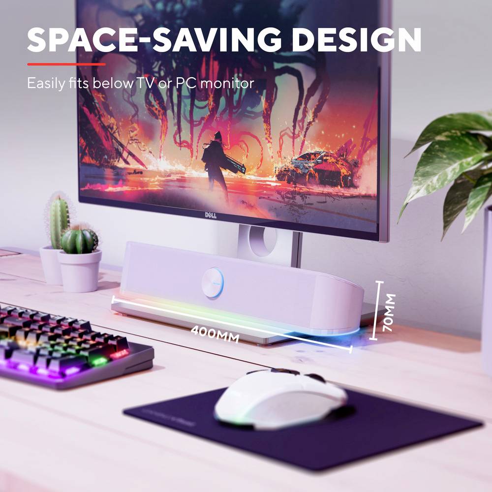 Kompaktowy głośnik z podświetleniem RGB można umieścić pod monitorem na biurku, obok klawiatury i myszy.