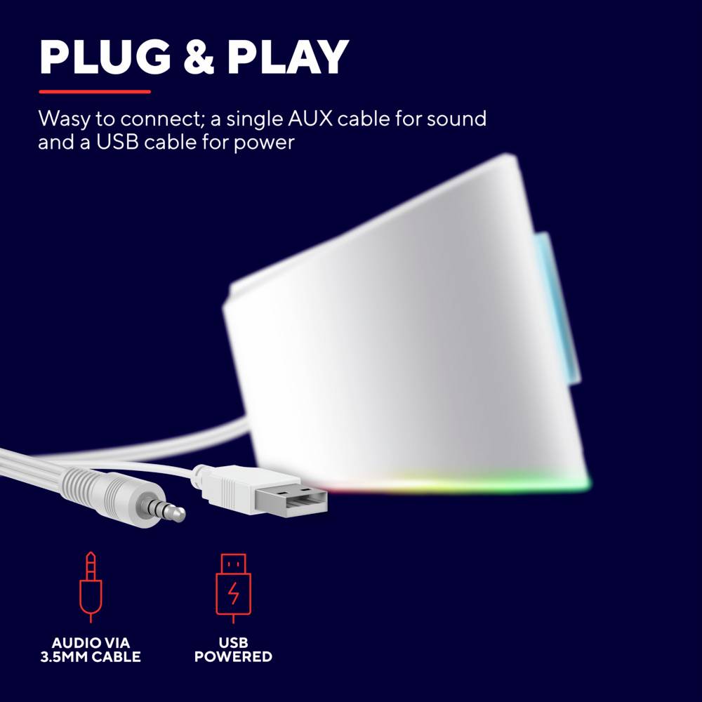 Tekst 'PLUG & PLAY': Proste podłączenie; przewód AUX do dźwięku oraz przewód USB do zasilania. Obraz przedstawia kable.