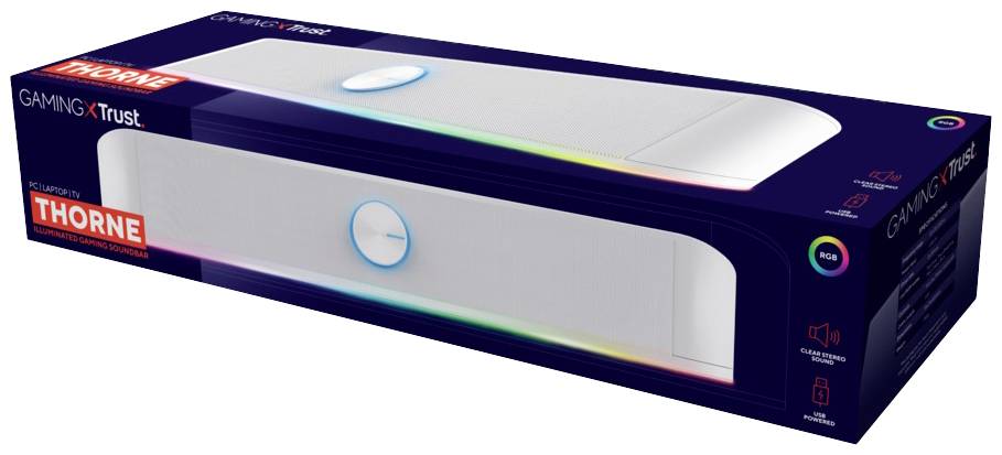 Opakowanie gamingowego soundbara marki 'Trust Gaming'. Prezentuje model 'Thorne' z podświetleniem RGB, bezprzewodową obsługą i złączem USB.