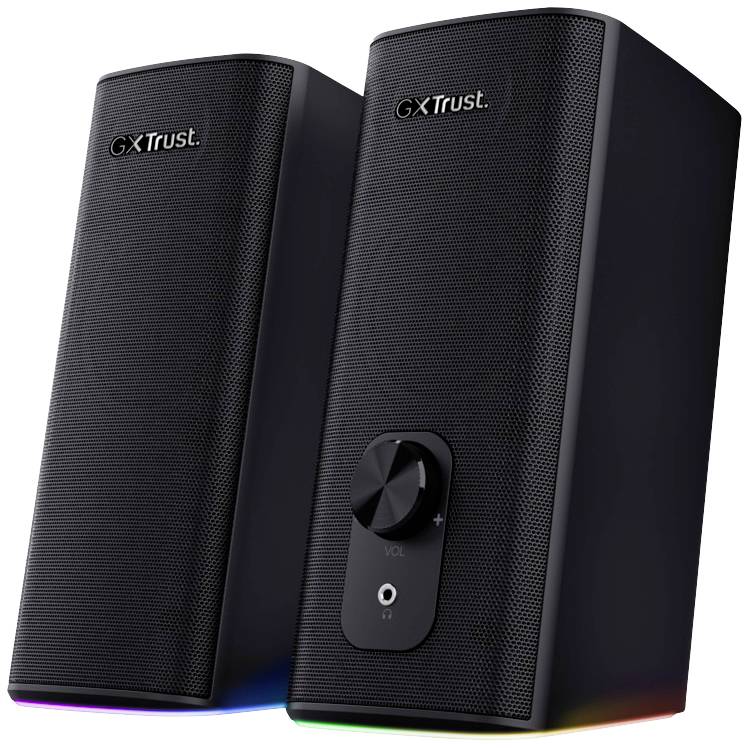Dwa czarne głośniki marki GX Trust z podświetleniem LED od spodu oraz regulatorem głośności z przodu.