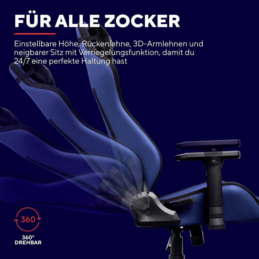 Niebieski fotel gamingowy z regulowaną wysokością i oparciem, animacja z boku. Tekst: 'Dla wszystkich graczy', 'Obrotowy 360°'.