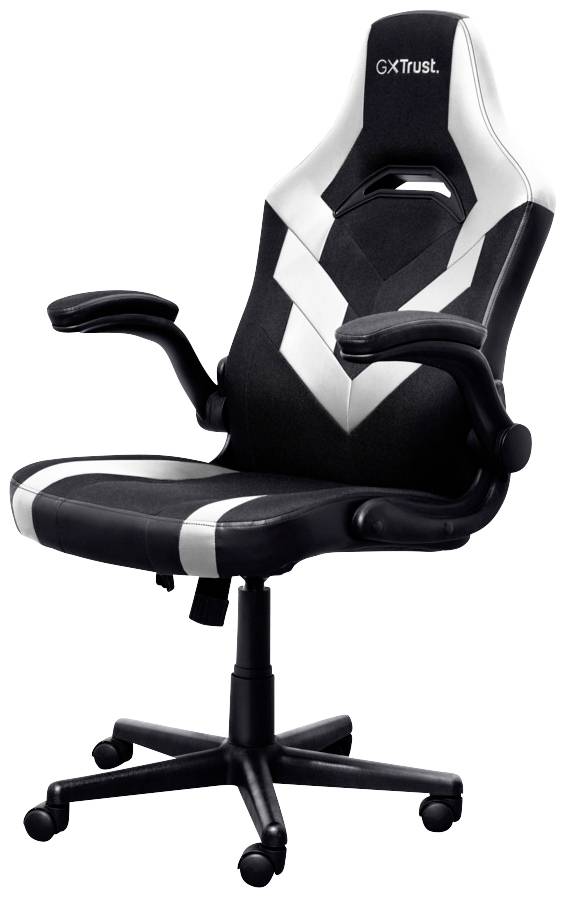 Czarno-biały fotel gamingowy z regulowanymi podłokietnikami, wysokim oparciem i kółkami zapewniającymi mobilność.