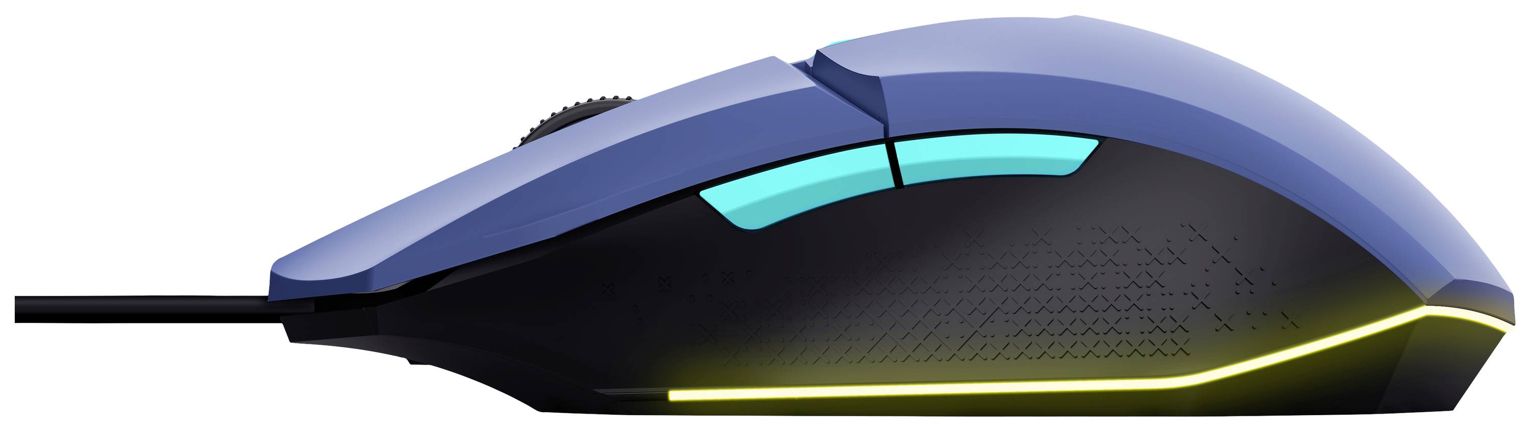 Niebieska mysz gamingowa z ergonomicznym designem i świecącymi akcentami LED, przewodowa, z widocznymi przyciskami bocznymi.