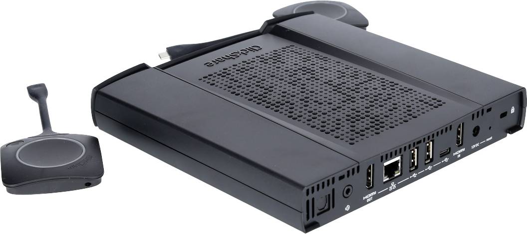 Bezprzewodowy system prezentacyjny z odbiornikiem i dwoma nadajnikami, oferujący złącza HDMI i USB, przeznaczony do sal konferencyjnych.