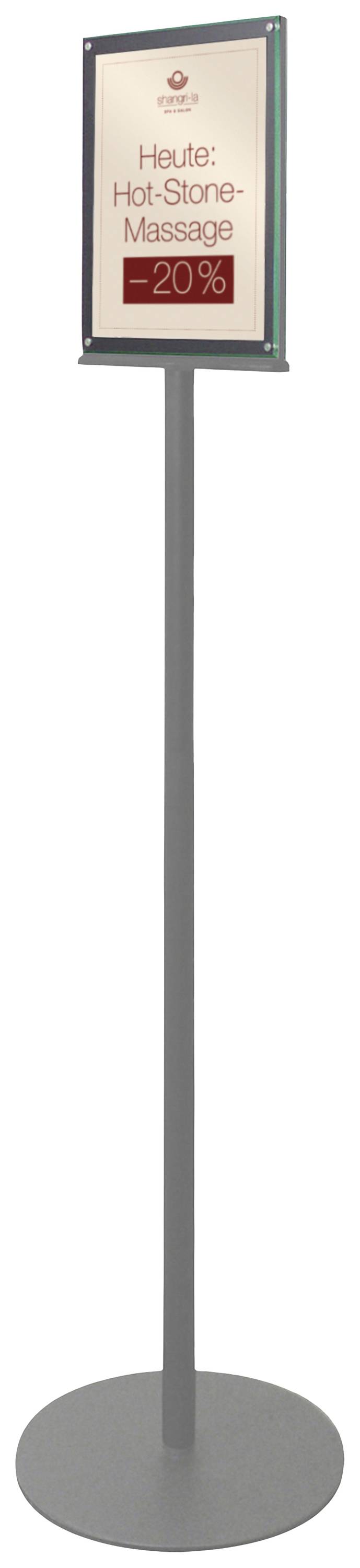 Tabliczka z napisem: 'Dzisiaj: Masaż gorącymi kamieniami - 20%'. Przymocowana do wysokiej, smukłej podstawy.