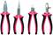 Cztery różne szczypce: szczypce uniwersalne, szczypce szpiczaste, szczypce boczne i szczypce do ściągania izolacji z czerwonymi uchwytami, ułożone obok siebie.