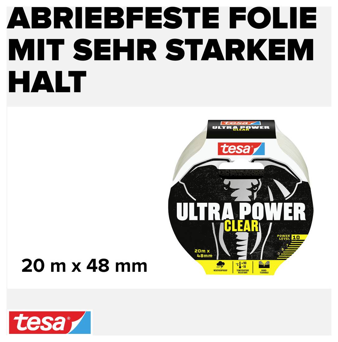 Obraz przedstawia rolkę mocnej, przezroczystej taśmy klejącej Tesa Ultra Power Clear z napisem 'Odporna na ścieranie folia o bardzo mocnym trzymaniu', o rozmiarze 20 m x 48 mm.