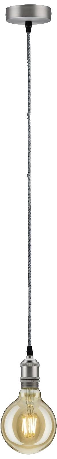 Lampa wisząca z żarówką, nowoczesny minimalistyczny design, czarny przewód, srebrna podstawa, ciepłe światło.