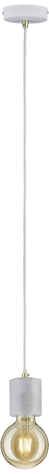 Lampa wisząca o minimalistycznym designie, z widoczną żarówką w szarej oprawie, długim białym przewodem, w nowoczesnym stylu.