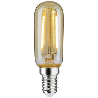 Retro-żarówka LED, cylindryczna, z widocznymi żarnikami i gwintem E14, świecąca ciepłą bielą, idealna do dekoracyjnego oświetlenia.