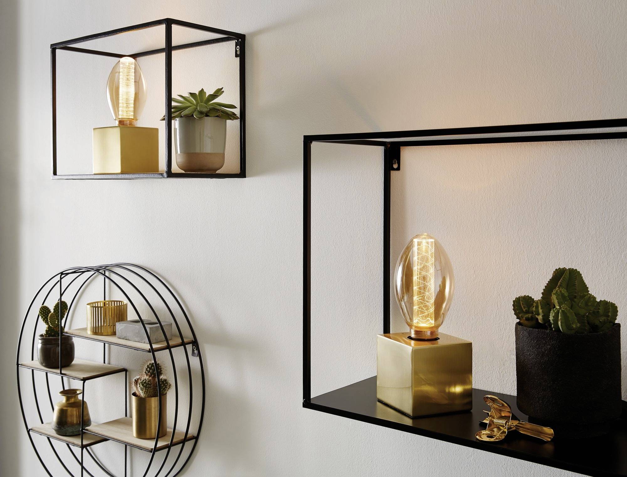 Dwie prostokątne, czarne półki na ścianie, każda z dekoracyjną lampą na złotej podstawie i małymi roślinami.