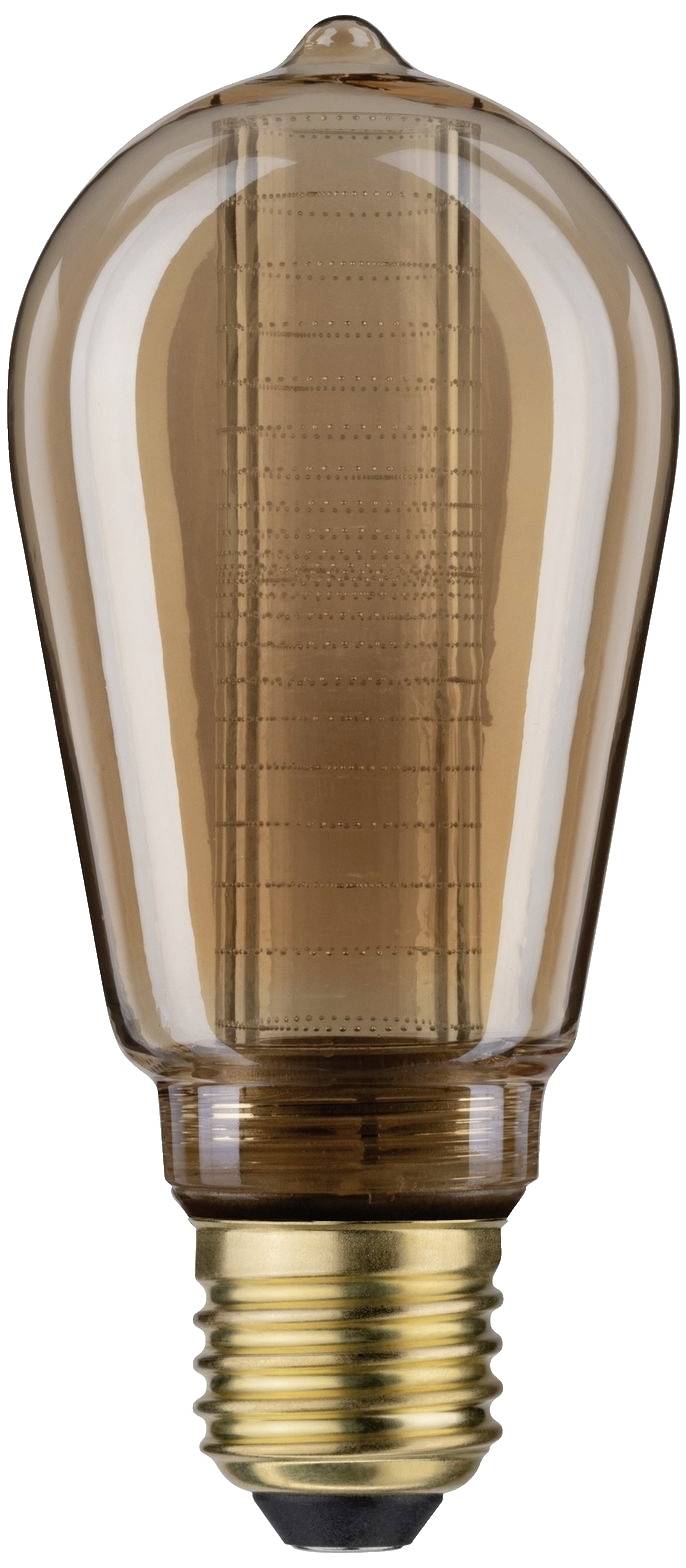 Dekoracyjna żarówka z pozłacaną podstawką i wydłużoną, lekko przydymioną obudową szklaną.