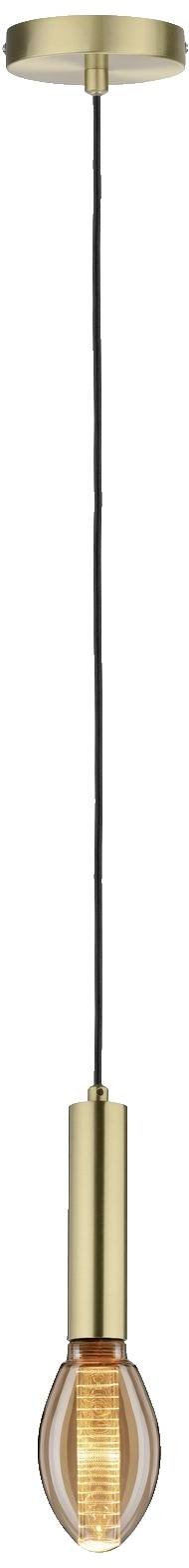 Lampa wisząca z czarnym przewodem i złotą oprawką, okrągłe szkło w kształcie żarówki, prezentowana na neutralnym tle.