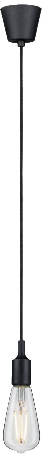 Lampa wisząca z czarnym przewodem i przezroczystym, stożkowatym kloszem szklanym. Żarówka jest widoczna i włączona.