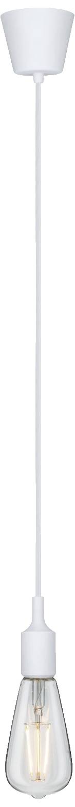 Biała lampa wisząca z przezroczystym kloszem, ukazująca żarnik w środku. Minimalistyczny design. Idealna do nowoczesnych wnętrz.