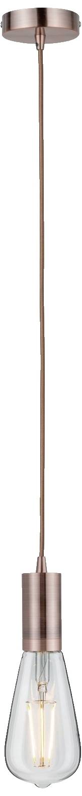 Lampa wisząca z miedzianą oprawą, przezroczystym kloszem szklanym i widoczną żarówką. Nowoczesny, industrialny styl.