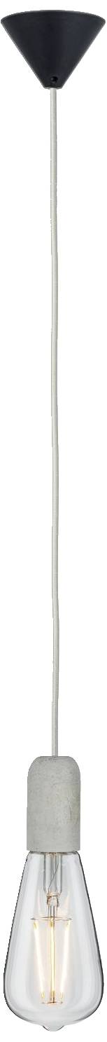 Lampa wisząca o prostym designie: czarny baldachim, białe przewody, przezroczysty szklany klosz, widoczna żarówka.