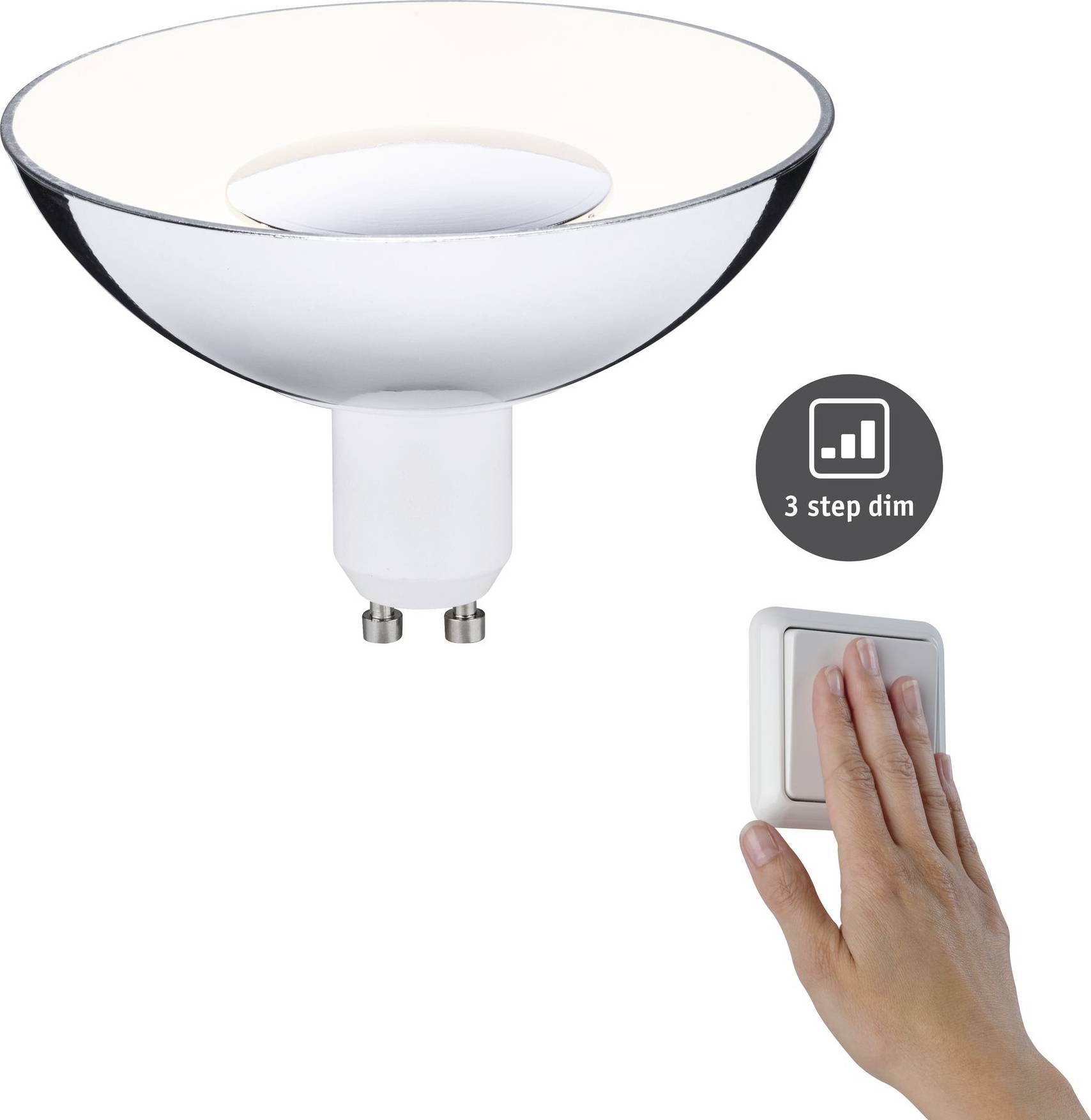 'Lampa LED z funkcją ściemniania w 3 stopniach. Ręka naciska przycisk, aby dostosować jasność. Czysta, nowoczesna estetyka designu.'