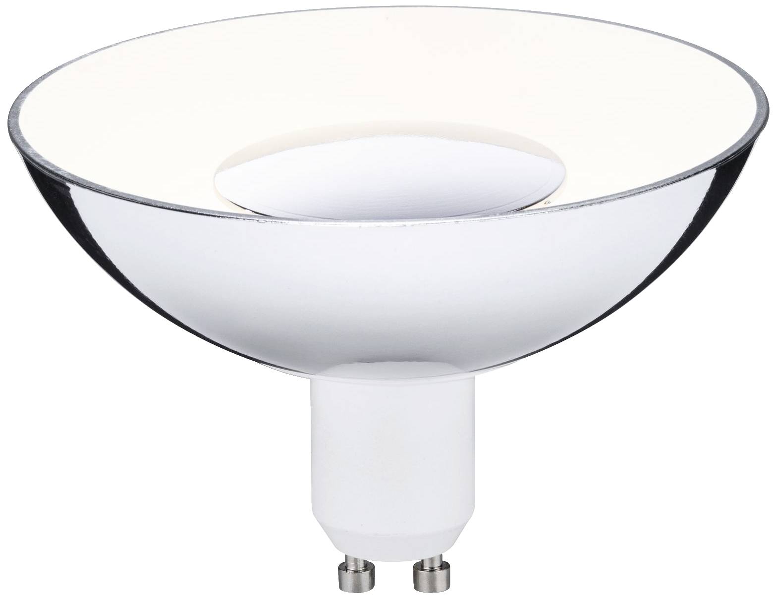 Srebrna lampa LED z reflektorem z gniazdem GU10, odpowiednia do opraw sufitowych, prezentowana na białym tle.