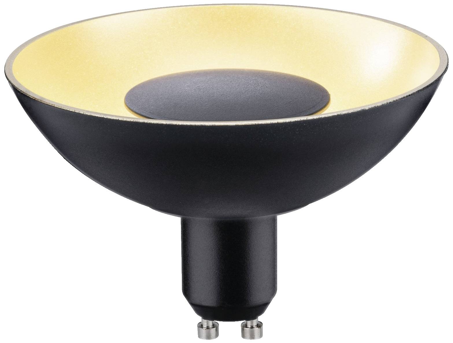 Czarno-złota lampa LED z szerokim, refleksyjnym kloszem i złączem GU10, odpowiednia do oświetlenia akcentowego.