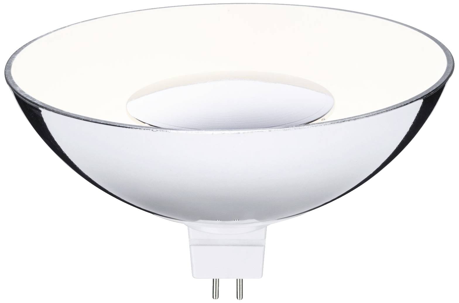 Biała lampa halogenowa z metalową oprawą i dwoma stykami u podstawy, prezentująca typowy design do celów oświetleniowych.